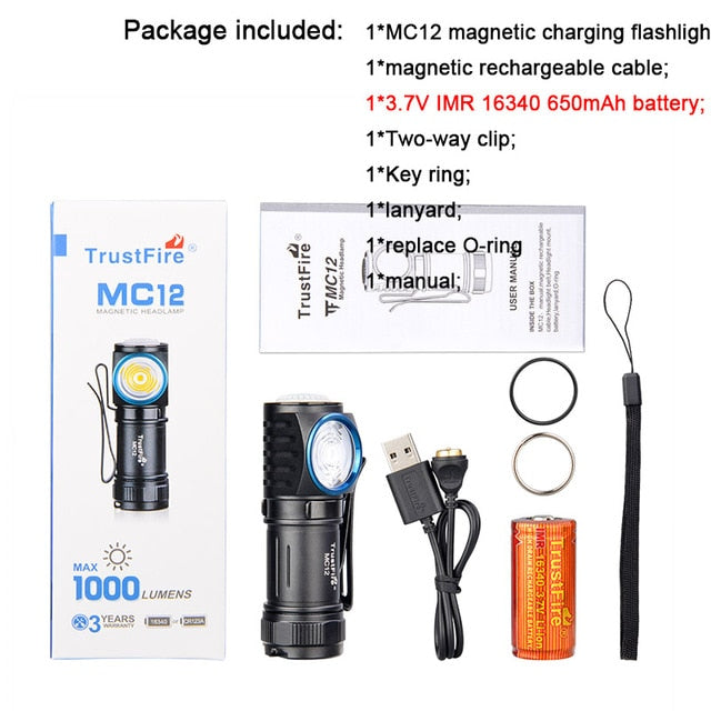 TrustFire MC12 EDC Powerful LED Flashlight 1000Lumens Magnetic Rechargeable Head Lamp CREE XP-L HI Camping Torch Flash Light - midtownperfection