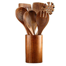 Load image into Gallery viewer, Thailand Teak Natural Wood Tableware Spoon Ladle Turner Long Rice Colander Soup Skimmer Cooking Spoons Scoop Kitchen Tool Set - midtownperfection
