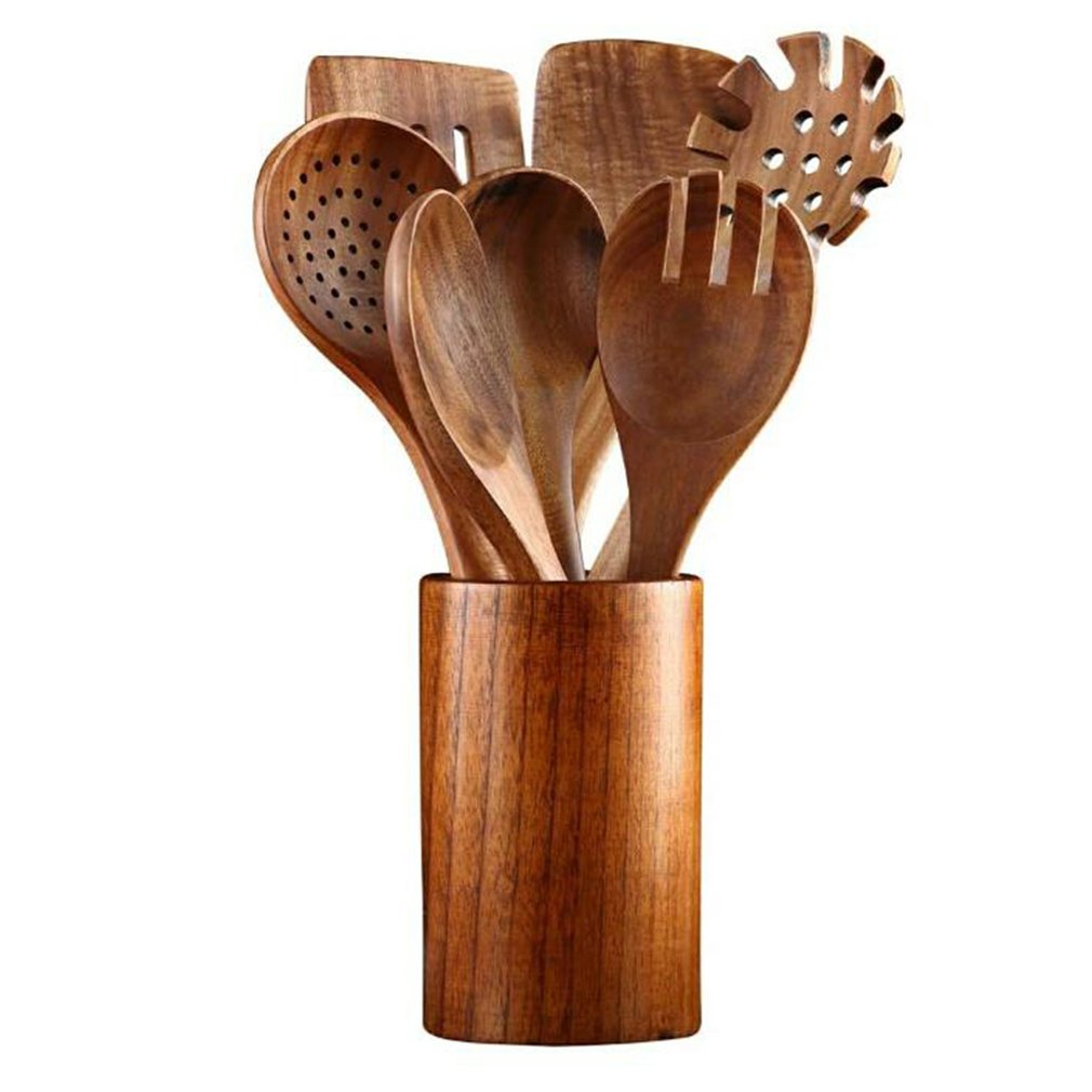 Thailand Teak Natural Wood Tableware Spoon Ladle Turner Long Rice Colander Soup Skimmer Cooking Spoons Scoop Kitchen Tool Set - midtownperfection