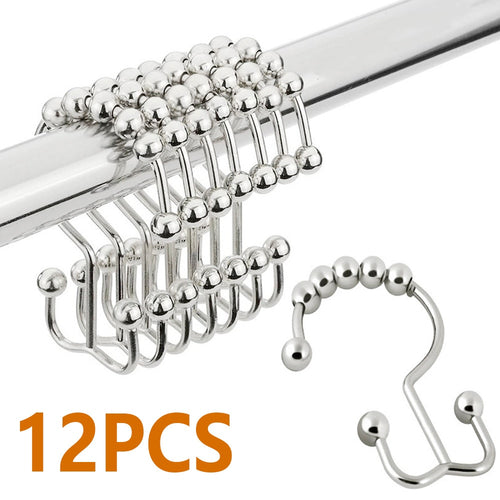 12 pcs Stainless Steel Curtain Hooks Bath Curtain Rollerball Shower Curtain Rings Hooks 5 Rollers Polished Satin Nickel Ball - midtownperfection