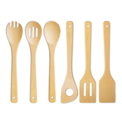 6 Bamboo Wood Spoons And Spatula Non-stick Cookware And Wok Cookware Sturdy And Practical Kitchen Tools - midtownperfection