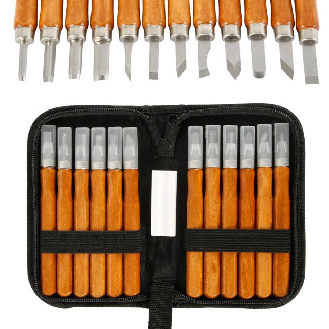 12pcs Wood Carving Chisel Knife Tools Set DIY Woodcut Knife Sculpture Set Woodworking Pottery Ceramic Clay Hand Tool - midtownperfection